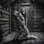 Placeholder: in the middle of a wooden hut an pale gray body hair pregnant anthropomorphic wolf woman creature kneeling, crying and covering eyes with her pawes, in background in the door stands dark gray body hair anthropomorphic wolfman and looking the female wolf. high contrast, high detalied, high realistic, sharp focus. The atmosphere is a seamless blend of sci-fi, dark fantasy