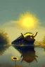 Placeholder: yellow water of lake with bridge of sunflowers and tanks and in fuggy sky with dim sunlight