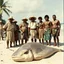 Placeholder: 1930's photography of European explorers dressed in kakhi's and safari hats posing with Islander Samoan natives on a beach, giant eely sea creature washed up on beach in front of them