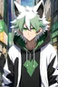 Placeholder: In anime, an anthropomorphic male character with white fur, white-and-green-haired, white-skinned, green-eyed, wolf ears, whiskers, a black hoodie, and black pants, is on the street in the massive capital.