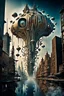 Placeholder: a stunningly weird image of a futuristic metropolis using Salvador Dali's paranoiac-critical method, where buildings and structures appear to melt into the skyline cityscape is filled with floating medusas and mad, twisted metal shapes that interact with the buildings and each other, forming a surreal tableau of a dreamlike reality. neu-steampunk vibe, essence of the scene in a cinematic manner, with dramatic shadows that enhance the distorted perspectives and bizarre mood