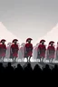 Placeholder: "A conceptual black-and- gdark Red digital illustration of a massive roman warriors walking in the same direction, heads down, symbolizing conformity. The atmosphere feels lifeless and repetitive, emphasizing the ordinary mindset of the majority."