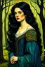 Placeholder: create a 3/4 profile, full body oil pastel of a dark haired, savage, ornately dressed, vampire girl with highly detailed , sharply defined hair and facial features , in a quiet forest glade, in the Pre-Raphaelite style of JOHN WILLIAM WATERHOUSE