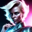 Placeholder: Charlize Theron, Cyborg anime samurai, cyberpunk, white skin, light blonde short hair, pixie hair, cobalt eyes, waist up portrait, 8k resolution, retroanime, intricate details, neon details, soft lighting, vibrant colors, masterpiece, intricate eyeliner, dark eyeshadow, eyes, intricate tattoos, gradient background