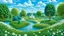 Placeholder: A garden with a labyrinthine layout of hedges and paths, with white swans swimming in ponds. The background features a blue sky with fluffy white clouds and trees in various shades of green. The overall scene has a whimsical, dreamlike quality.