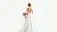 Placeholder: A bride in a wedding dress, full body shot from the back with her face turned to the front with a bouquet of pink roses in her left hand on a white background