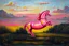 Placeholder: Big pink plastic toy horse.19th painting