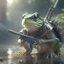 Placeholder: photoreal warrior frog returns with guns in cinematic lighting