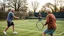 Placeholder: Elderly pensioners playing tennis doubles on a grass court. Everyone is happy. Photographic quality and detail, award-winning image, beautiful composition.