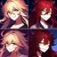 Placeholder: Clear focus, 8k, beautiful lighting, vibrant colors, girl, red long hair, vibrant golden eyes, messy hair, hair in between the eyes, laughing, angry,