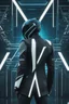 Placeholder: cyberpunk, neon blue, triangle of light floating behind the back, cyber suit, geometric patterns on a suit, male