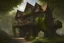 Placeholder: large medieval gothic, treehouse inn, with a balcony, next to a sloping, cobbled road, in a wood, dense foliage, photo-realistic