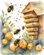 Placeholder: bees flutter over the hive watercolor drawing