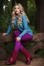 Placeholder: beautiful 18 year old girl with ash blonde hair and blue eyes with her curvy hair down, wearing a long-sleeved woollen top, and lilac long leggings, with long red boots full body shot