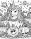 Placeholder: A unicorn with pumpkins and ghosts, kawaii style, fine lines, black and white, coloring page for adults