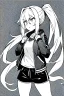 Placeholder: blonde girl with ponytails dressed in a jacket and shorts walks angry, greyscale