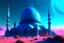 Placeholder: Generate an otherworldly scene of a mosque on an alien planet, with vibrant, luminescent structures and a surreal, extraterrestrial landscape in the background.