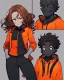 Placeholder: Anime manga style, Black skin boy, with dark brown curly hair, wearing red and orange clothes and black jeans, always with one hand in his pocket, looking a little irritated