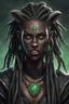 Placeholder: generate a dungeons and dragons character portrait of a female beast-human with black skin, dreadlocks, green piercing eyes, fangs and a thick nose. She is wearing black clothes and has tusks