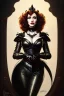 Placeholder: painting of christina hendricks as evil queen in black leather, feminie, angry, volouptous, busty, cleavage, emperious, mature, highly detailed, digital painting, artstation, concept art, smooth, sharp focus, illustration, art by gaston bussiere and alphonse mucha