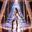 Placeholder: stage inside of a 3d crystal pyramid lovely light reflections ,full body shot of very beautiful lady skirt and bluse , Braided hair ,dancing in stage in the crystal pyramid pretty makeup,full cube shot