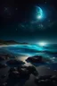 Placeholder: magic sea, realistic, professional photo, 4k, top view, , surf night, full moon, stars in the sky, Milky Way