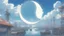 Placeholder: giant half transparent moon, glitchy, blurry, mechanical, sci-fi, maximum quality, centered on frame, far view, seasidel, white sky with cumulonimbus, anime, makoto shinkai style, japanese harbor