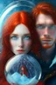 Placeholder: a beautiful girl with red hair ready for winter and a man with short brown messy hair and piercing blue eyes stuck in a crystal clear globe