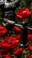 Placeholder: A small wooden hammer near a black pistol, red lipstick in a dark garden filled with red poppies.Cinematic and realistic image