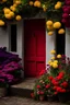 Placeholder: village house colorful door, sitting bench red, yellow, pink and purple flowers, a dark day,