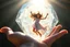 Placeholder: closeup, inside of a huge diamond a beautiful brunette girl dancing happily and dynamically, the diamond is in the opened palm of God, S<AI in sunshine, ethereal, cinematic postprocessing, shiny metallic pastel watercolor