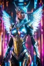 Placeholder: Photography High detailed humanoid super model beautiful woman as an gorgeous Angel with body cyborg warframe in disco club playing music,with cybernetic elements on metal colors dessing futuristic, neon colors lights reflections,intricate design and details, dramatic lighting, Cinematic lighting, Volumetric lighting, Epic composition, Photorealism, Bokeh blurry