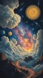 Placeholder: Back in time through a Time Machine in the parallel universe among the galaxies and the stars a big clouds of gas covering the sky from a distance Busch painting style nightmare