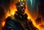 Placeholder: Portrait roi conquerant cyberpunk, incendie en arrière plan