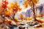 Placeholder: Sunny day, autumn trees, rocks, fantasy, mountains, epic, john singer sargent watercolor paintings