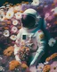 Placeholder: Portra 400 high dpi film scan of a NASA astronaut wearing a space suit made of millions of flowers. Editorial for NASA. floral edition