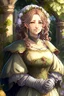 Placeholder: Anime, bubbly middle age woman with medieval gown, outdoors in garden, HD, extreme detail in the face