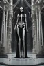 Placeholder: A realistic high detailed photograph of a gorgeous gen z fashion model with long flowing dark hair full body poses fiercely wearing a futuristic skeletal outfit with 3 dimensional bone designs