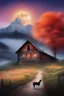 Placeholder: A man, a cat, a horse, a tree, a house, a barn, a dog, a mountain range, a moon, fog, mist, trees, this picture is colorful