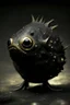 Placeholder: Solid spherical creature, four black eyes, very small mouth, lighting body, The creature is iron, high details, stunning realistic photograph