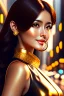 Placeholder: Young business woman, dark orange eyes, dark brown hair, elegant hair, thin lips, gold hoop earrings, waist up portrait, 8k resolution, intricate details, ornate details, soft lighting, vibrant colors, retroanime, masterpiece, realistic, intricate eyeliner, dark eyeshadow, eyes,futuristic cityscape background