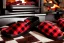 Placeholder: Red plaid slippers on black bearskin rug,log cabin walls, stone fireplace