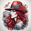 Placeholder: New School Tattoo Style, modern abstract color ideas, for minimalism perfect ilustracion in white backrounds, Enhanced shading, Bold and dynamic, "dragon a hat and flovers with long red hair in a hat with a wide open beak. In the background there is a farmyard and in the horizon tree tops. Significantly blurred background I have a pen tucked in my hat like a hunter. All for whites backrounds "