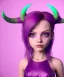 Placeholder: cute purple haired devil girl with bright green eyes and horns on her head wearing a purple/pink dress