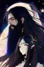 Placeholder: Celestial anime girl, long black hair, with bearded man