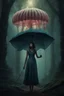 Placeholder: tall slim woman in a dress, in a forest, holding an umbrella made from a jellyfish, detailed matte painting, deep colour, fantastical, intricate detail, complementary colours, fantasy concept art, 8k resolution, Unreal Engine 5