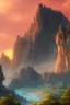 Placeholder: big rock mountains with and orange dawn sky with no clouds close montains anime style