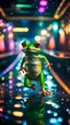 Placeholder: frog tumbling in water slide in the middle of crazy dance moves dancing on buss parked in dark lit reflective wet arcade hall tunnel,bokeh like f/0.8, tilt-shift lens 8k, high detail, smooth render, down-light, unreal engine, prize winning