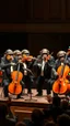 Placeholder: Four chimpanzees musicians wearing Papillons and suits four are playing violins and the one is a playing. Cello each one is looking to a notes stands on a big stage , 4k , high quality picture, many audience are watching and clapping hands