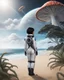 Placeholder: Photorealistic slim woman with black hair in a space suit, looking out over a sandy beach next to a sea, with tall, narrow cloud trees and flying mushrooms with octopus tentacles